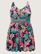 Playful Tropical Floral Print Pockets Swim Dress