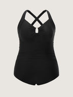 Glossy Fabric Ruched Tummy-Control One-Piece Swimsuit