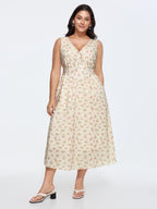 Sweet Floral Print Cinched-Waist Midi Dress