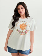 Cotton Sunshine Floral Print Rhinestone T-Shirt