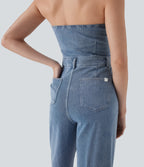 FlexTM Halter Wide Leg Denim Casual Jumpsuit with Pockets