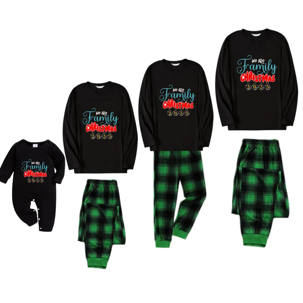 Christmas Family Matching Pajamas-Black Top and Green Plaid Pants Pjs Set with "We Are Family Christmas 2025" Print