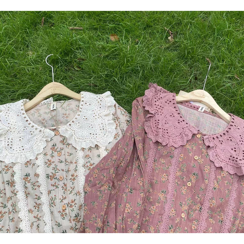 Eyelet Lace Collar Floral Shirt