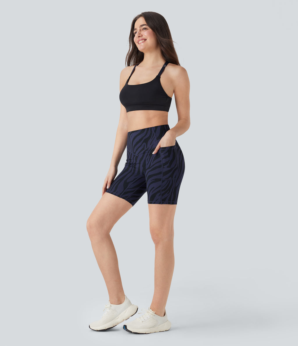 SoCinched High Waisted Tummy Control Zebra Print Training Biker Shorts 7'' with Pockets