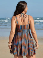Anti-Float Ties Stripe Print Swim Dress