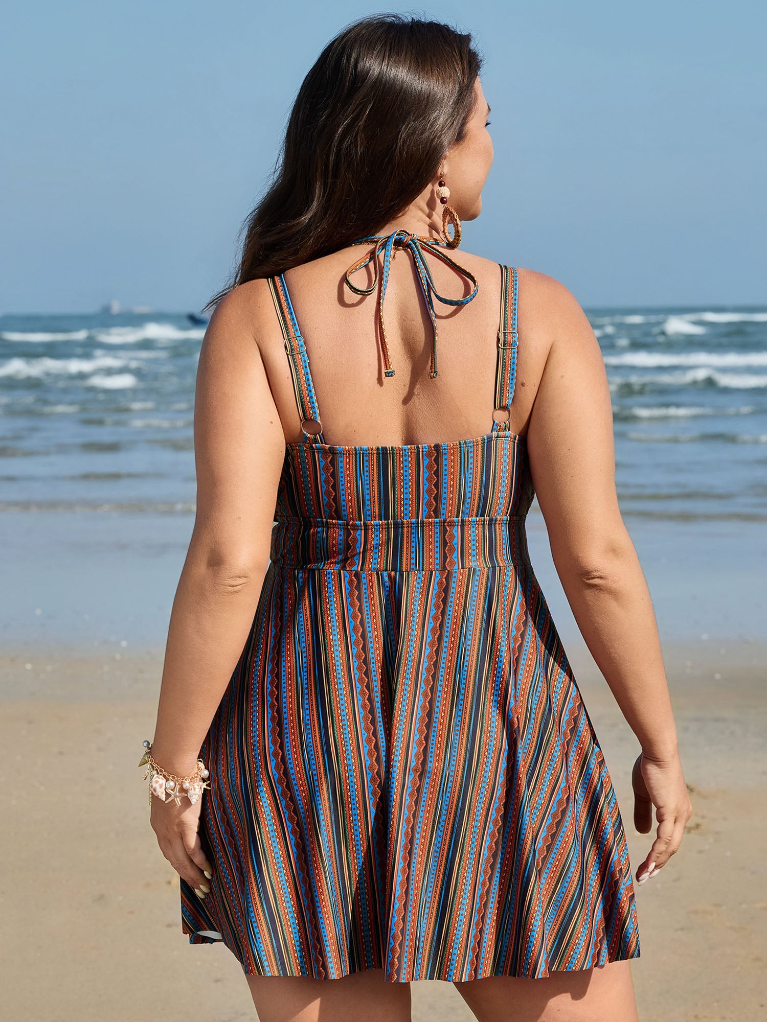 Anti-Float Ties Stripe Print Swim Dress