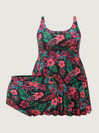 Vibrant Tropical Floral Print Pockets Swim Dress
