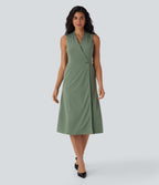 Anti-wrinkle V Neck Sleeveless Wrapped Belted Midi Travel Dress with Pockets