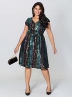 Shimmery Sequin Stripe Cinched-Waist Mini Dress