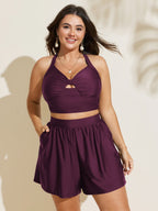 High Waisted Pockets Solid Pleated Swim Shorts