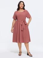Knotted Shoulder Detail Waist-Tie Midi Dress