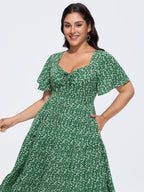 Ditsy Floral Sweetheart Drawstring Pocket Tiered Dress