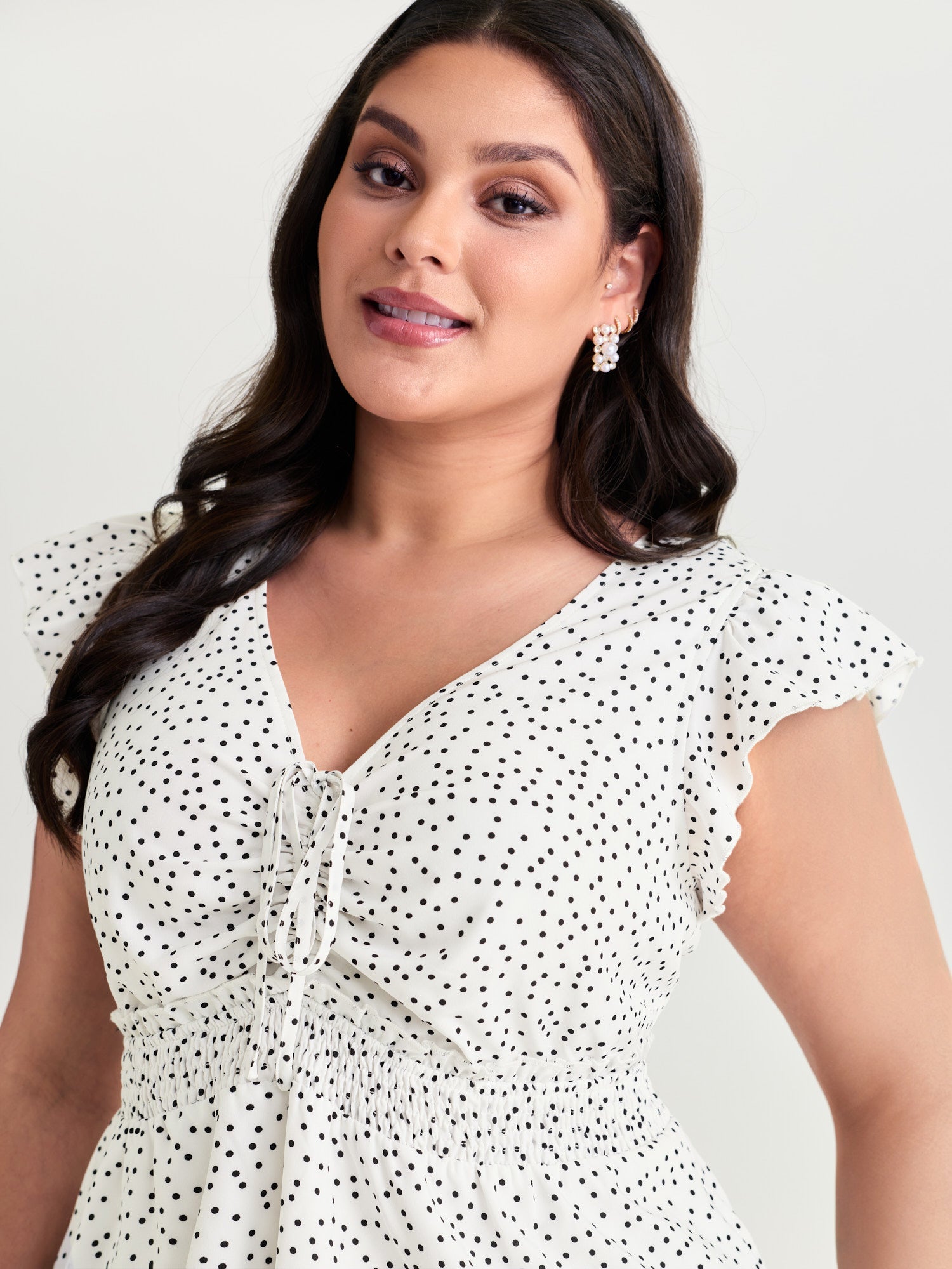 Polka Dots Shirred Ruffled Sleeve Blouse