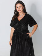Shimmery Sequin V-Neck Midi Dress