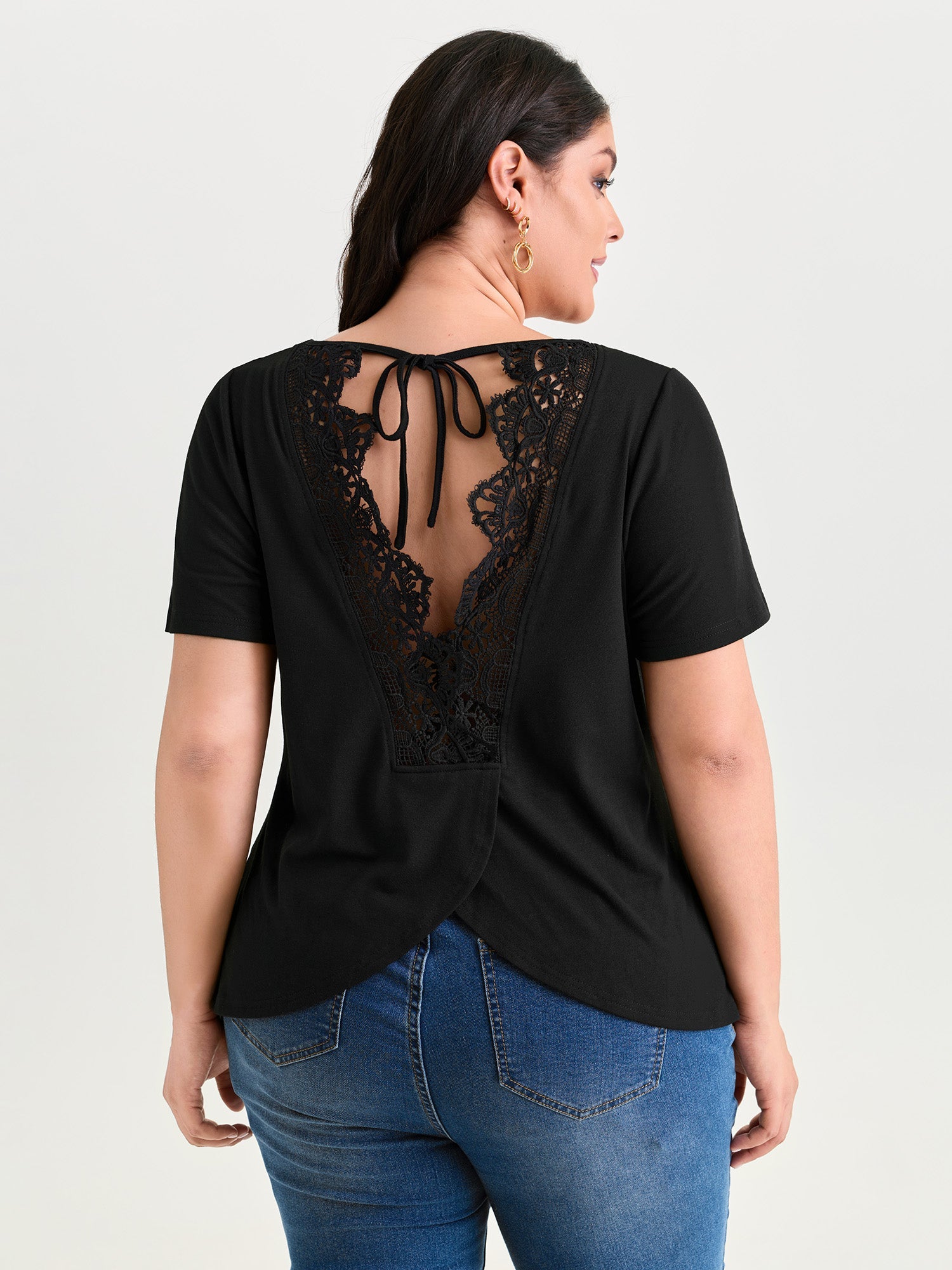 Open Back Lace Detail Boat Neck T-Shirt