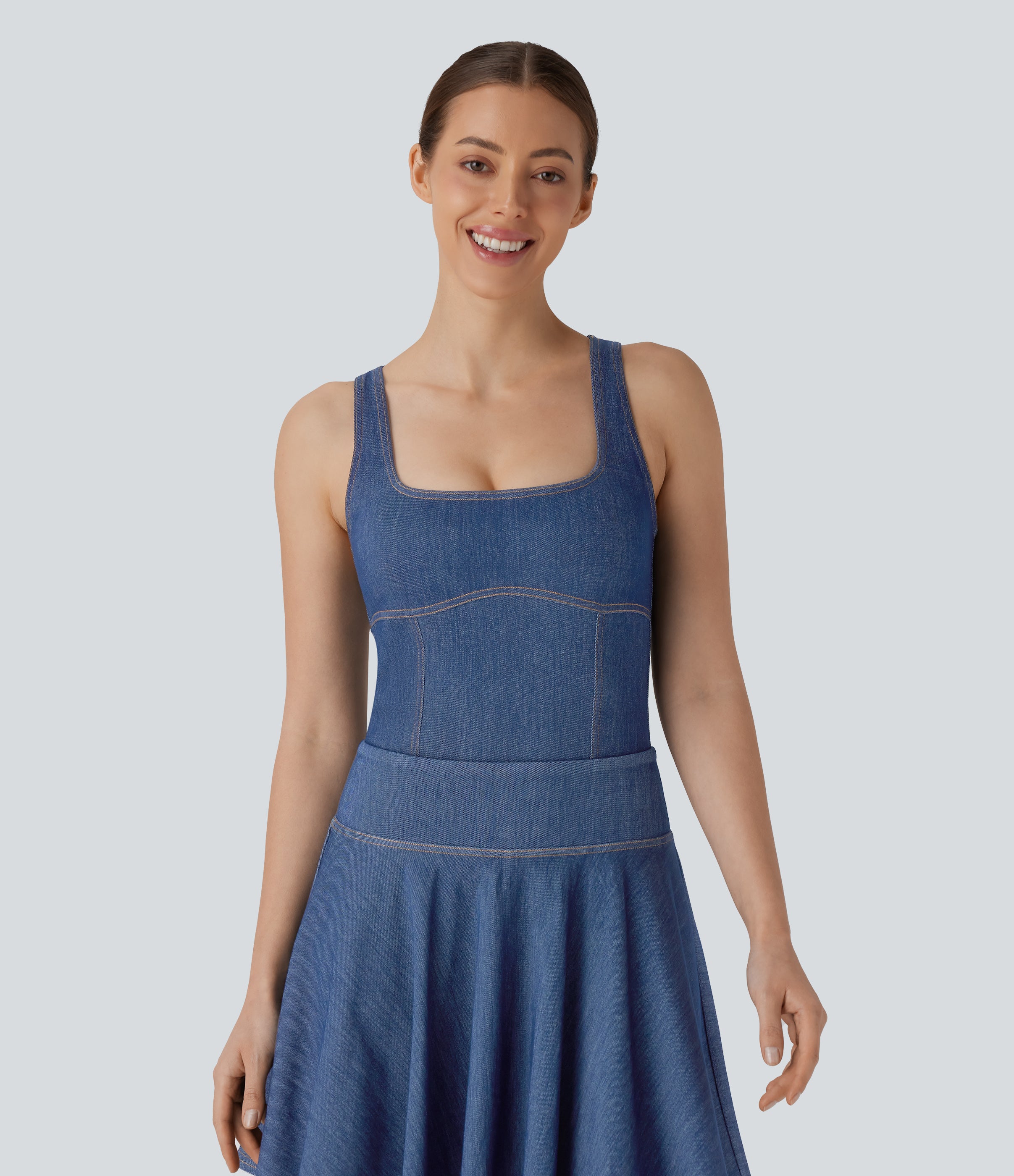 FlexTM Square Neck Racerback Cool Touch Washed Denim Tennis Bodysuit