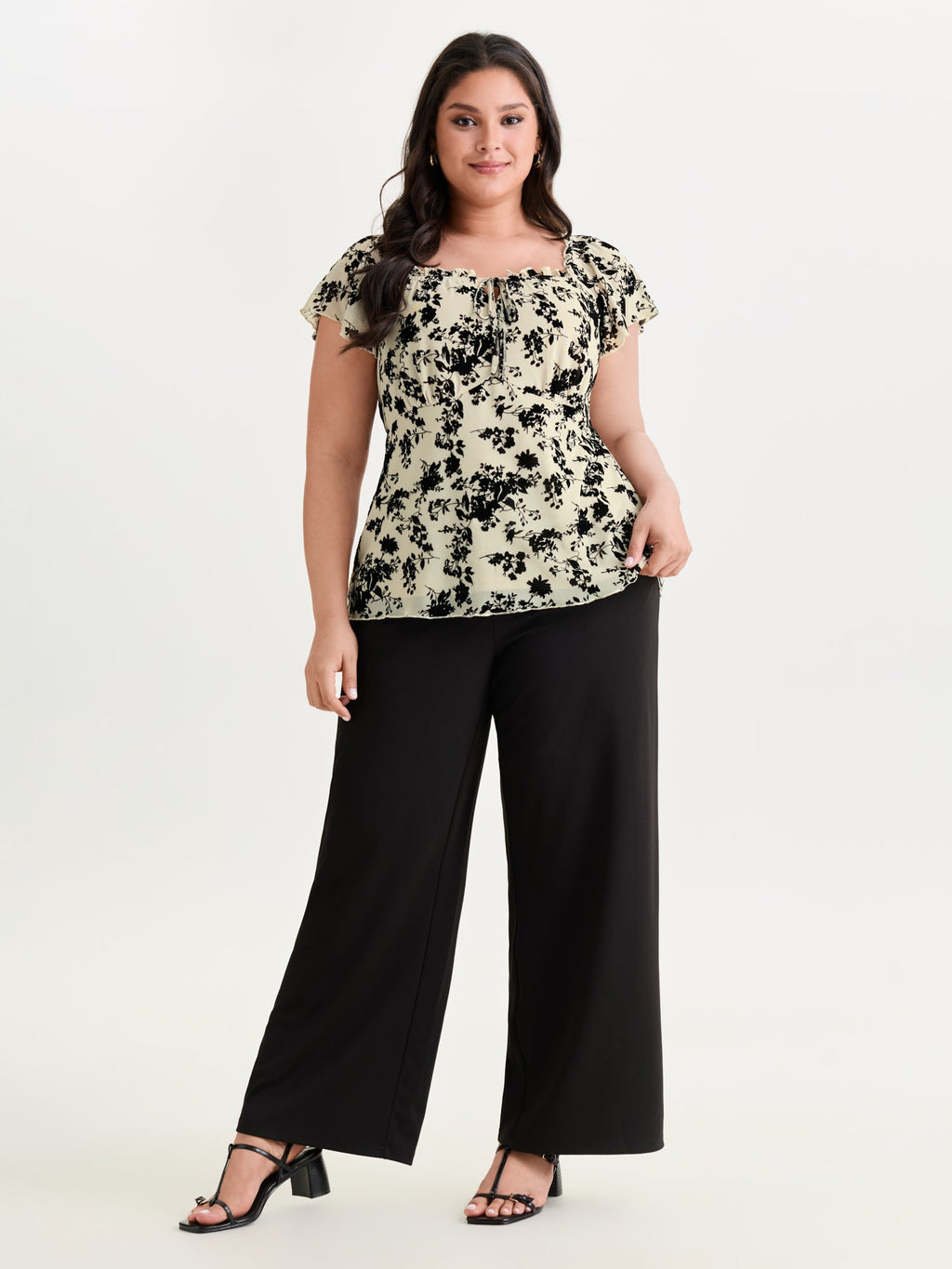Flocked Floral Drawstring Neckline Knit Top