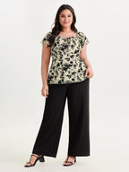 Flocked Floral Drawstring Neckline Knit Top