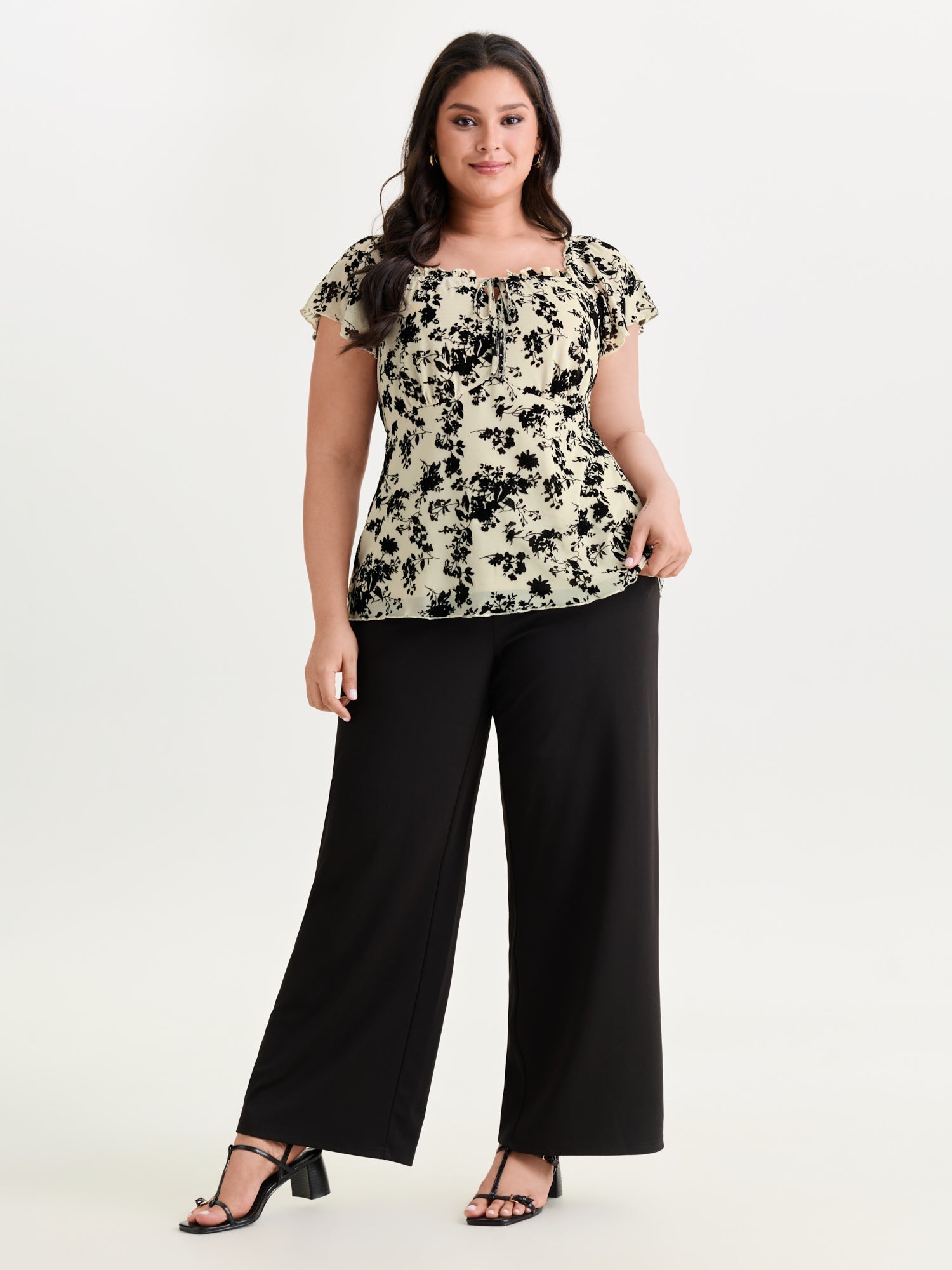 Flocked Floral Drawstring Neckline Knit Top