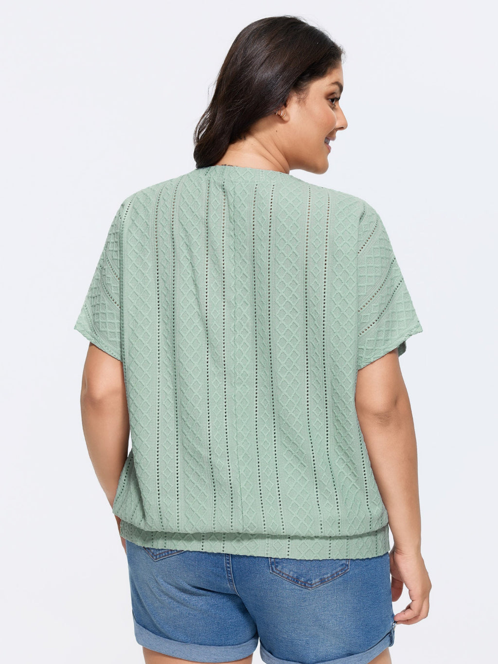 Eyelet Trim Stretchy Textured Plain Top