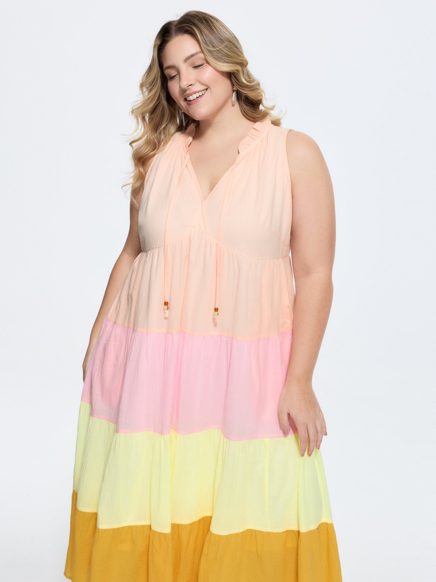 Cotton Colorblock Tiered V-Neck Maxi Dress