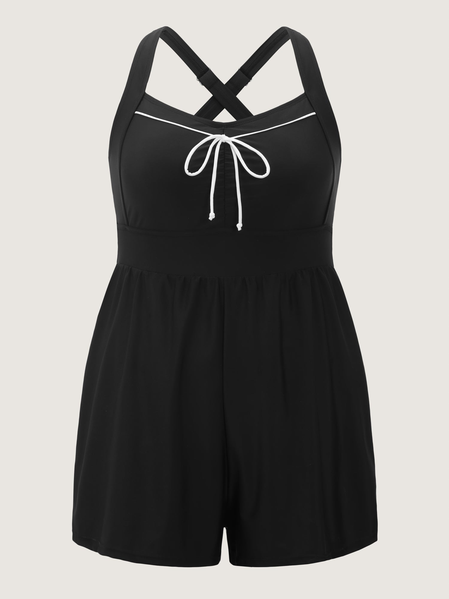 Bow-Tie Color Contrast Shirred Swim Romper