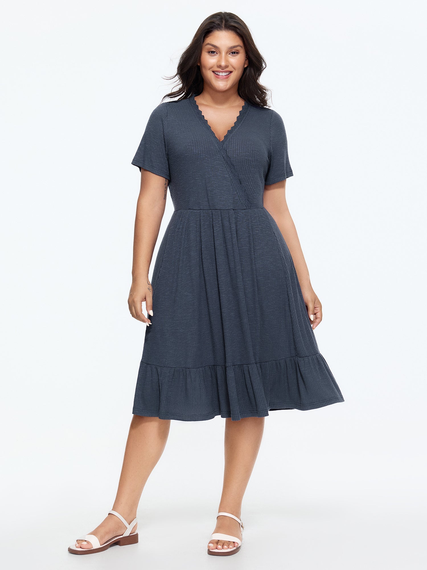 Supersoft Lace Trim Ribbed Wrap Neckline Midi Dress
