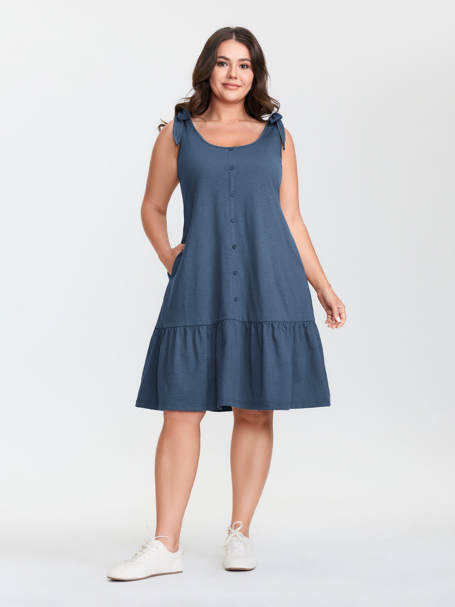 Ruffle Hem Tie Shoulder Pockets Sleeveless Dress