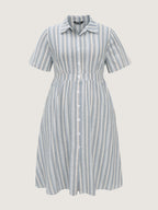 Cotton Linen Blend Striped Print Midi Dress