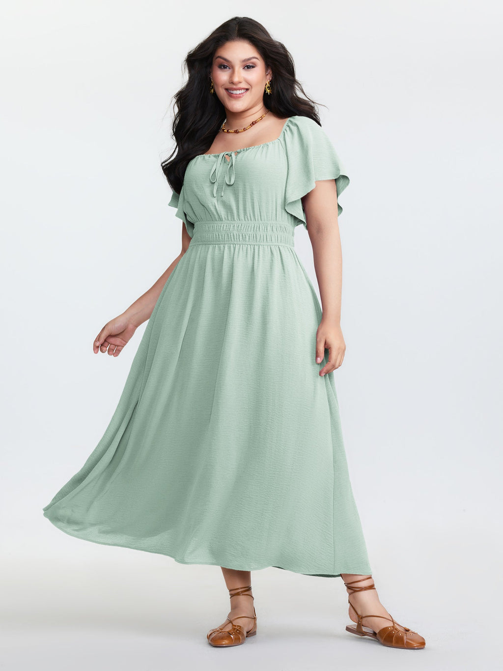 Square Neckline Shirred Waist Maxi Dress