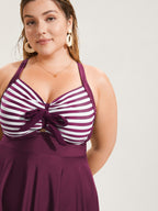 Stripes Patchwork Tie Knot Cross Straps Swim Dress