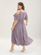 Ditsy Floral Pocket Wrap Cold Shoulder Ruffle Dress