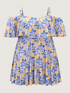 Floral Ruffle Trim Off Shoulder Pockets Swim Dress