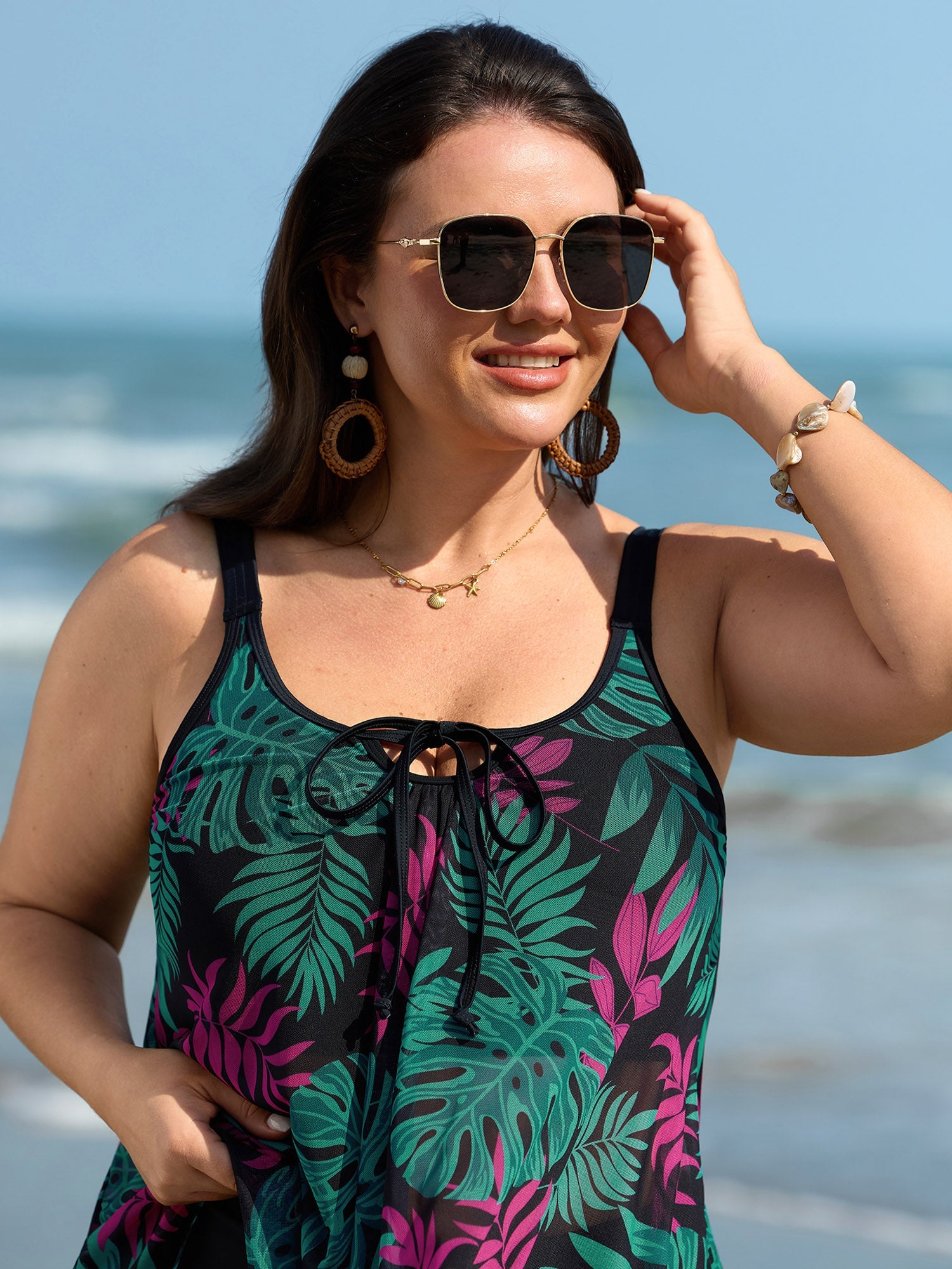 Vibrant Tropical Mesh Neck Tie Swim Top