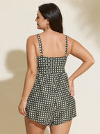 Geometric Print Waist Tie Pocket One-Piece Swimsuit