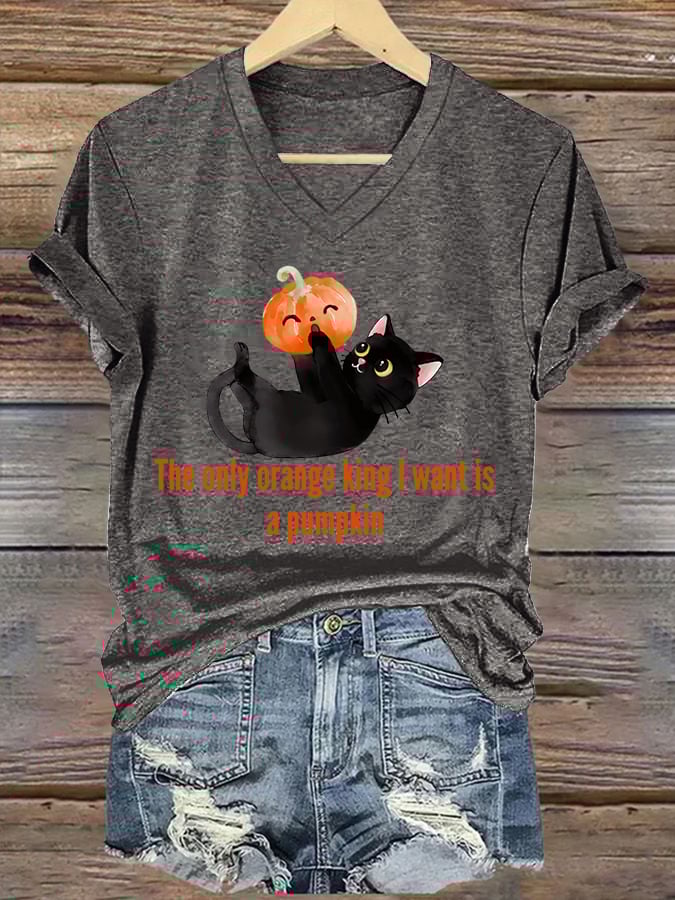 🔥Buy 3 Get 15% Off🔥Women's The Only Orange King I Want Is A Pumpkin Print V Neck T-shirt