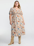 Fall Florals Shirred Bodice Midi Dress