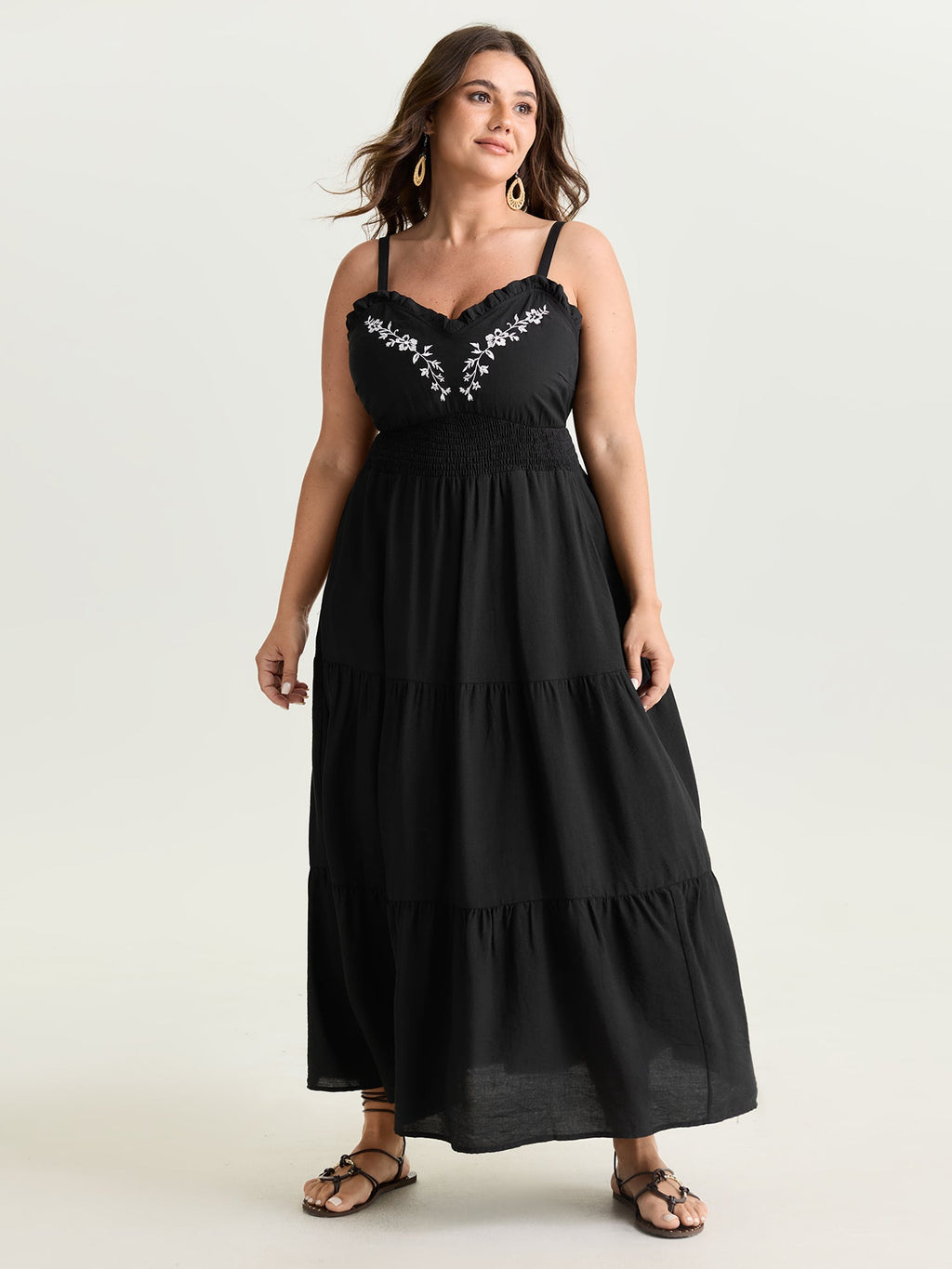 Supersoft Embroidered Neckline Shirred Tiered Maxi Dress