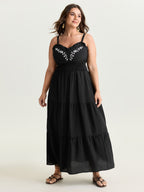 Supersoft Embroidered Neckline Shirred Tiered Maxi Dress