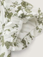 Cotton Floral Print Ruched Bubble Sleeve Blouse