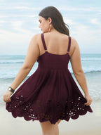 Laser Cut Surplice Neck Waist-Cinched Swim Dress