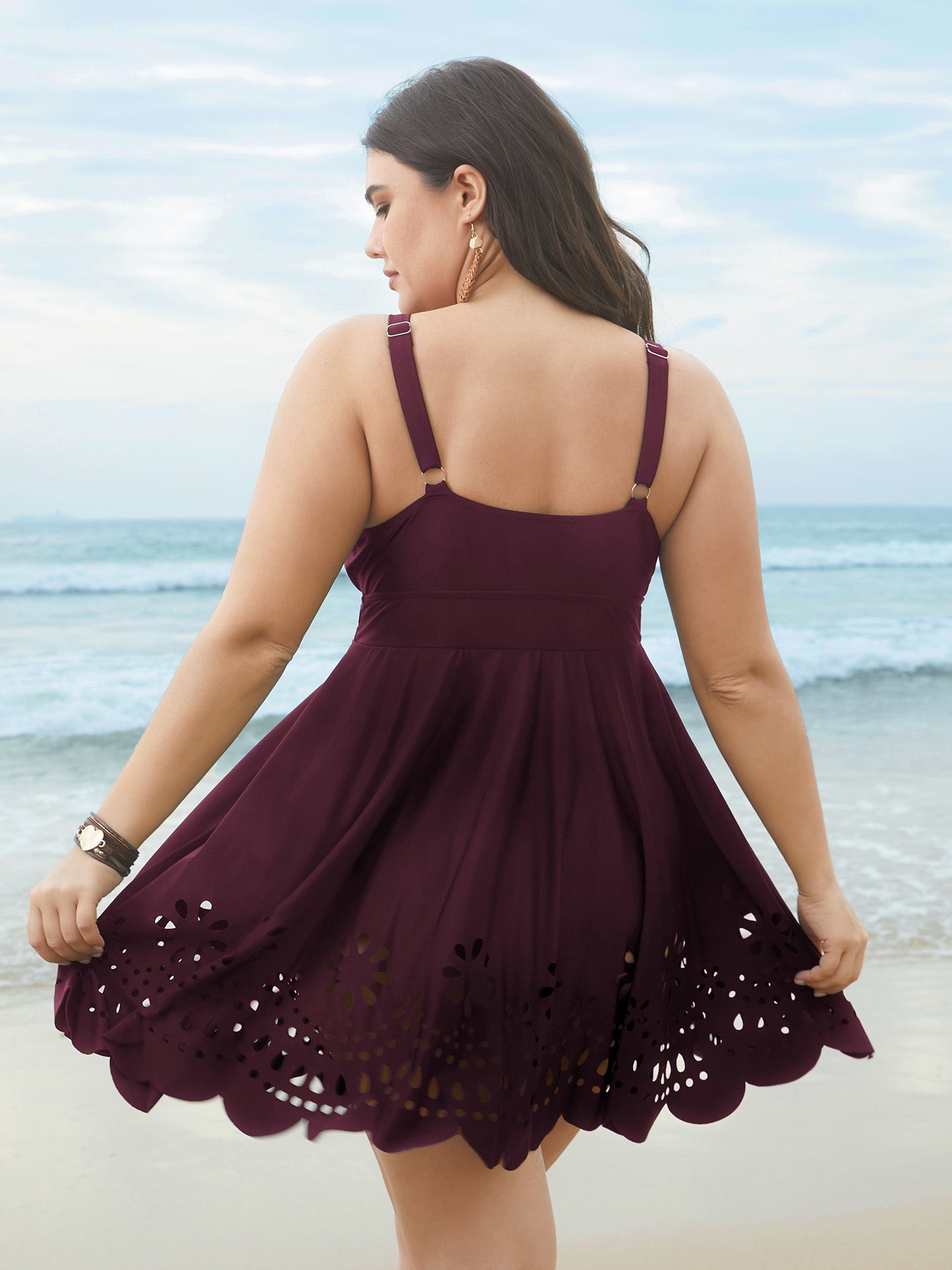 Laser Cut Surplice Neck Waist-Cinched Swim Dress