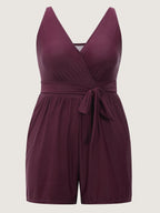 Surplice Neckline Belted Plain One-Piece Swimsuit