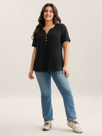 Solid Split Neck Button Detail T-Shirt