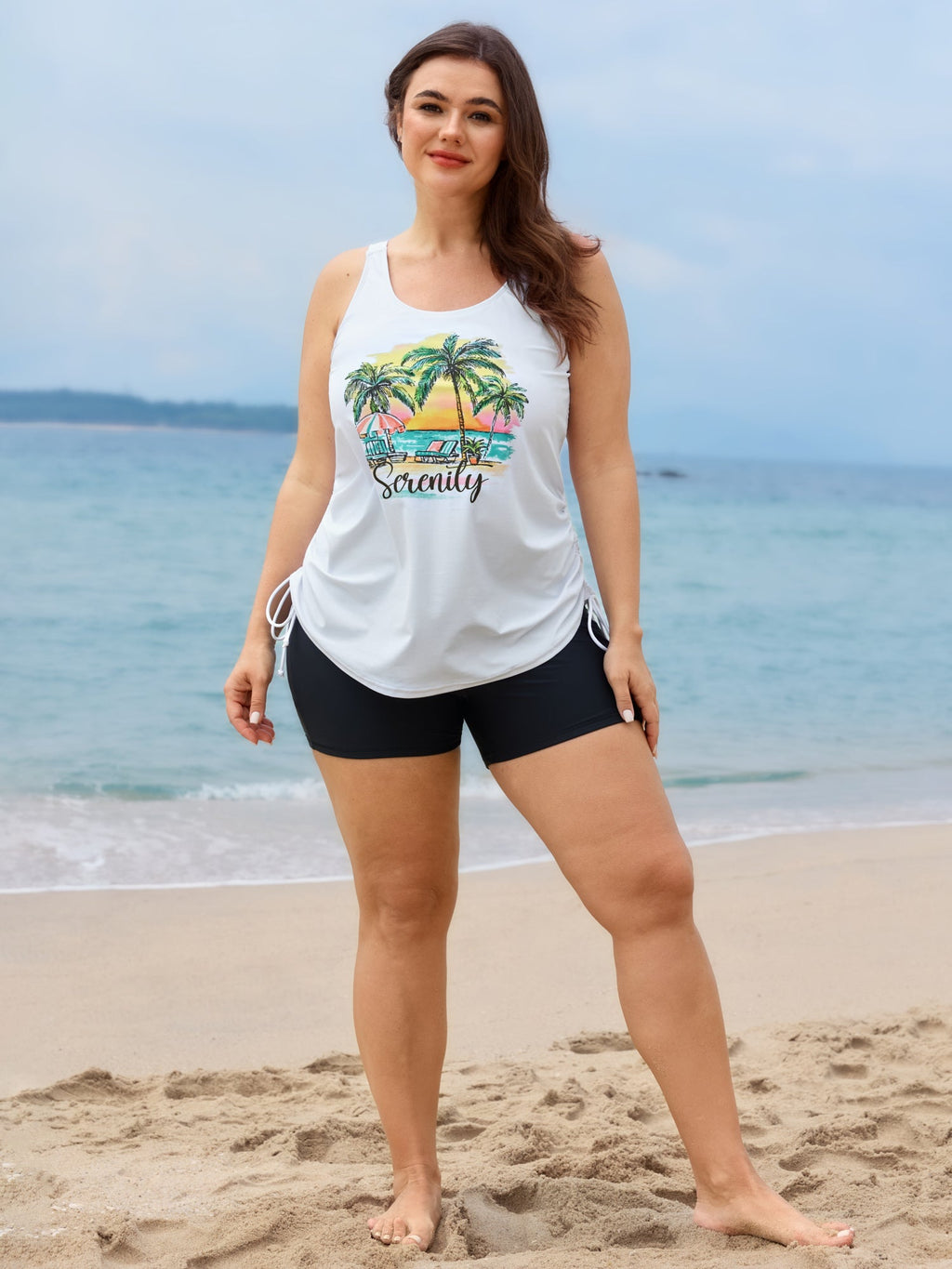 Island Print Drawstring Adjustable Swim Top