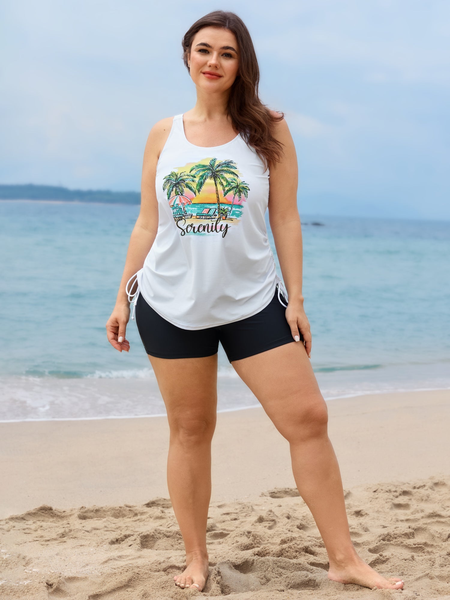 Island Print Drawstring Adjustable Swim Top