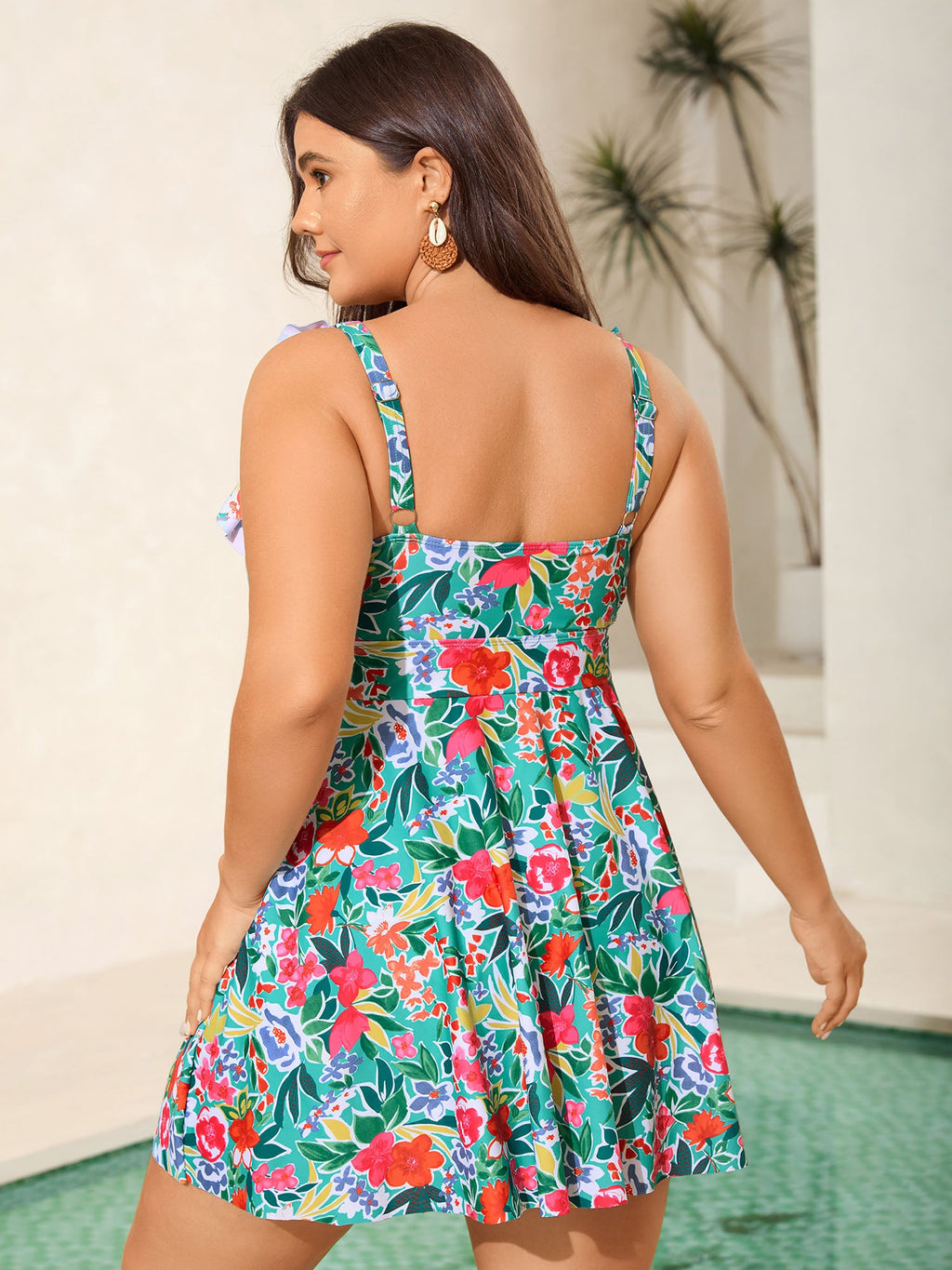 Anti-Float Tie Ruffled Floral Swim Dress