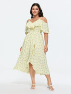 Ditsy Floral Pocket Wrap Cold Shoulder Ruffle Dress