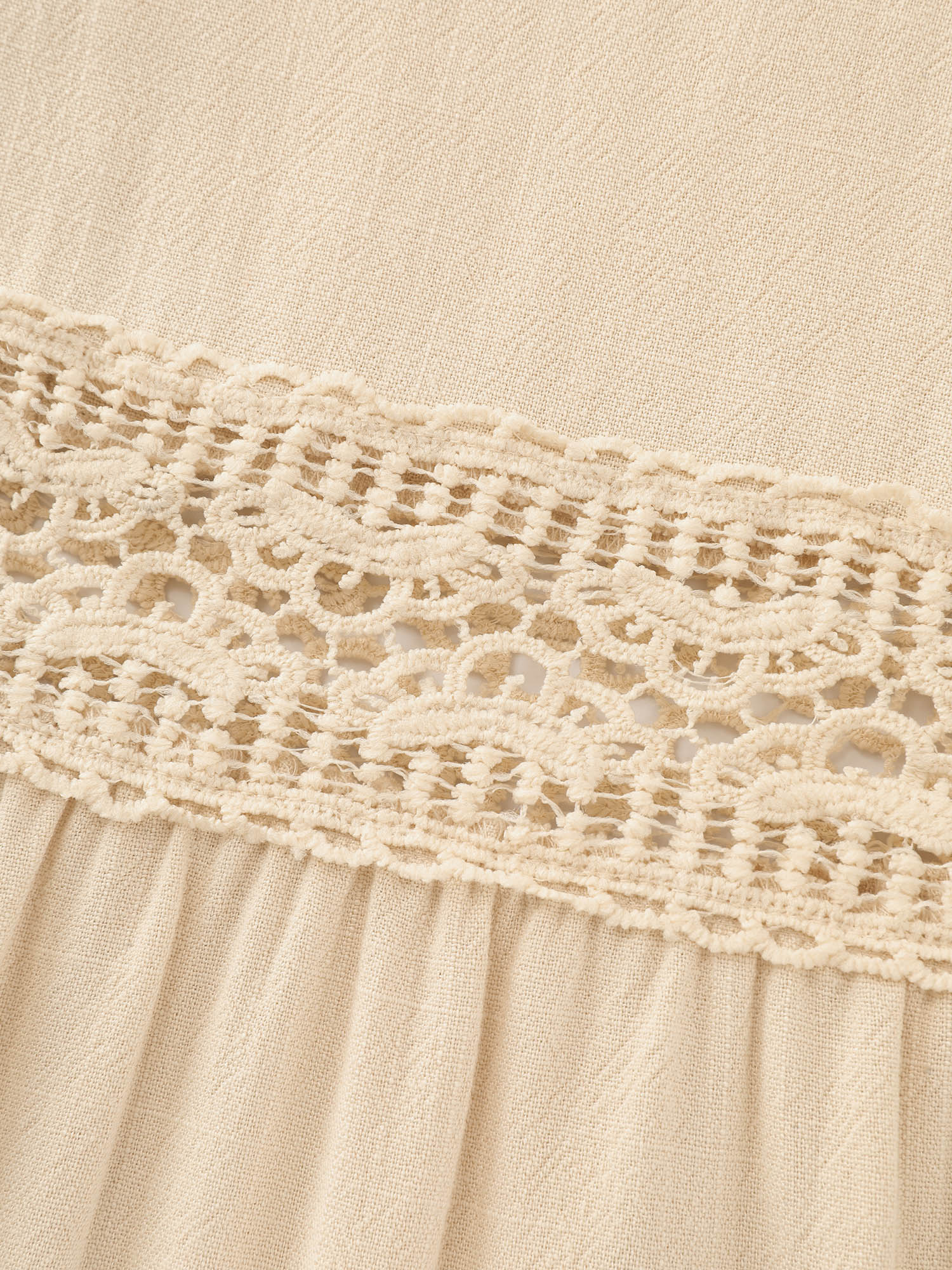 Linen Blend Lace Trim Button Detail Plain Maxi Dress