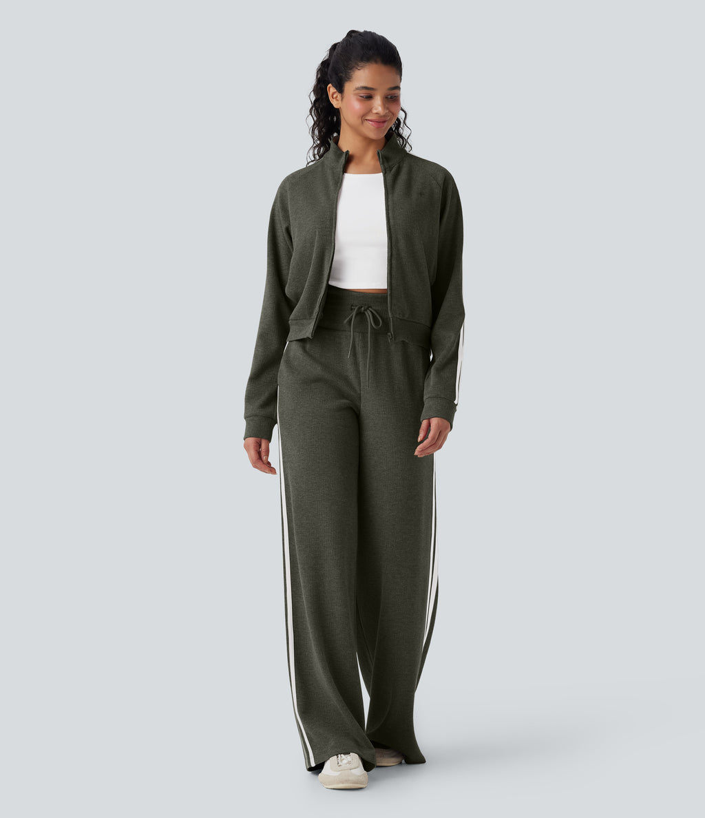 2026🔥 Ribbed SoCinched High Waisted Tummy Control Drawstring Wide Leg Color Block Casual Trousers with Pockets